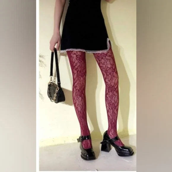 Chic Burgundy Lace Tights, Stockings, Pantyhose (ONE SIZE: S, M & L) - Picture 5 of 6